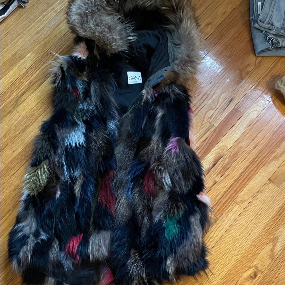 SAM. Mini Limelight Fox Fur Reversible Vest with Army Green Parka Size M - Picture 8 of 15